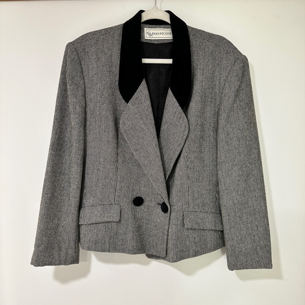 Vintage Evan Picone Womens 16 Houndstooth Blazer Black Velvet Collar Union USA